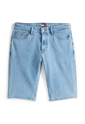 Helle blaue Jeansshorts mit geradem Schnitt, ausgestattet mit fünf Taschen, einem Knopfverschluss und subtilen Ausbleichungen für eine interessante Textur.