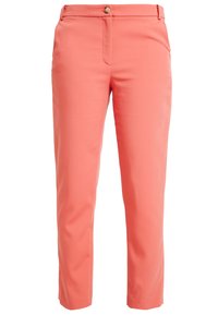Pantalon corail à coupe ajustée, avec fermeture par bouton à l'avant, braguette zippée et poches latérales. Texture lisse, longueur raccourcie.