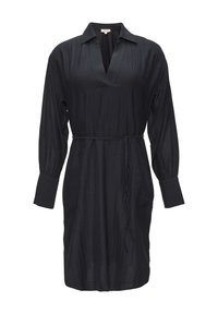 Knielanges schwarzes Kleid mit Kragen, langen Ärmeln und Gürtel zum Binden. Mit horizontalen Streifen strukturiert und in lockerer Passform.