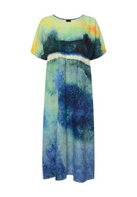 Bunt gemustertes Kleid mit einem abstrakten Aquarellmuster in Blau-, Grün- und Gelbtönen. Lockerer Schnitt, kurze Ärmel und runder Halsausschnitt.