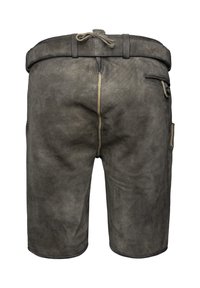 Pantaloni corti in pelle grigio scuro con una texture opaca. Presentano una vita con cordoncino, una tasca posteriore e cuciture visibili lungo la cucitura centrale.