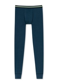 Navy blue legginsit, jolla on kapea muotoilu, jolle on ominaista kontrastivihreä ja musta raidallinen vyötärö ja sileä rakenne.