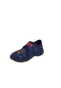 Blaue und schwarze Slipper aus strukturiertem Stoff mit roten Akzenten und einem bunten, bestickten Motiv eines Motorrads. Gummisohle.