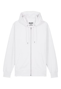 Felpa bianca con zip realizzata in tessuto morbido. Presenta un cappuccio con cordini, tasche frontali e polsini a coste. Design minimalista senza motivi.