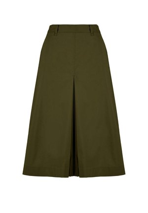 Olijfgroene, knie-lange rok met een voorplooien, gestructureerde taille en brede pijpopeningen. Gemaakt van een soepele katoenmix.
