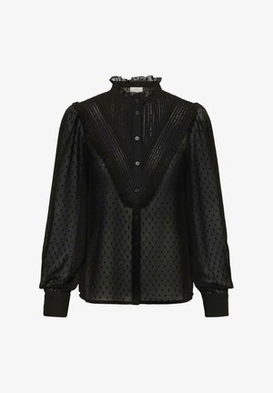 Schwarze transparente Bluse mit langen Puffärmeln, kleinen strukturierten Punkten, Knöpfen an der Vorderseite, gerafftem hohen Kragen und V-förmigen Spitzendetails auf der Vorderseite.