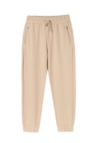 Beige Jogginghosen aus weichem Stoff, mit elastischem Bund, Kordelzug und seitlichen Reißverschlusstaschen; eng zulaufende Bündchen.