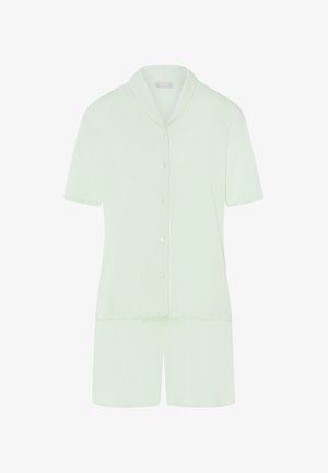 Kurzärmliges Pyjama-Set in Hellgrün, aus weichem Material. Besteht aus einem Hemd mit Knöpfen und passender Hose, beide mit glatter Textur.