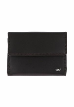 Black leather wallet with flap closure and a small silver logo in the bottom right corner on a white background.
