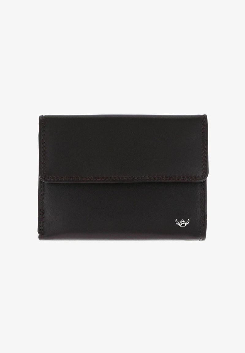 Portefeuille en cuir noir avec fermeture à rabat et un petit logo argenté dans le coin inférieur droit sur fond blanc.