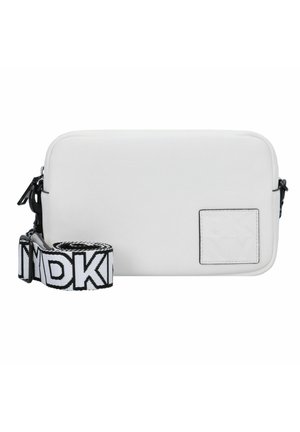 White faux leather crossbody bag with a rectangular shape, a black zip closure, and a detachable strap featuring black and white text accents.