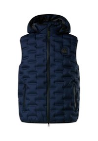 Marineblauer gepolsterter Weste mit einem Reißverschluss und Kapuze. Verfügt über ein aufgeknöpftes Logo auf der Brust und zwei seitliche Reißverschlusstaschen. Strukturierte Oberfläche.