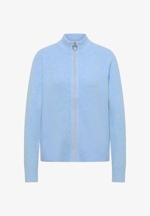 Sweater zippé bleu clair en tissu tricoté texturé. Présente un col haut et un détail de fermeture éclair argenté sur le devant.