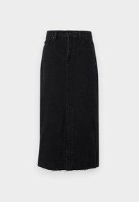 Black denim midi skirt with a straight cut, frayed hem, front slit, and classic five-pocket design. Features a front button closure.