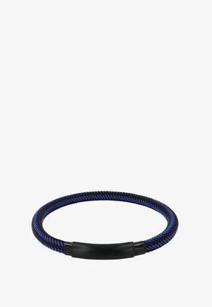 Zwart en blauw gevlochten magnetische armband met een gladde zwarte centrale sluiting, weergegeven op een witte achtergrond.