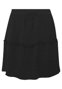 Svart kjol av lättviktig tyg med elastisk midja och framsidan som knyts. Har en fladdrande fåll och en svävande siluett.