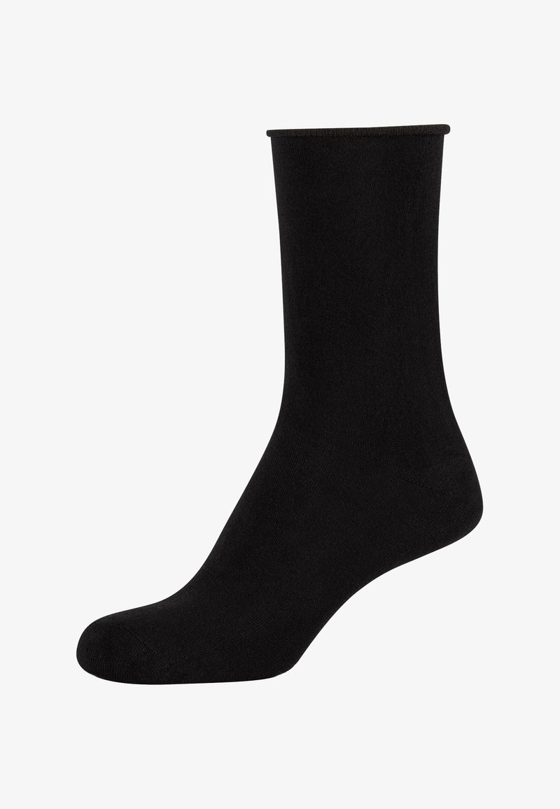 Calza nera in cotone, lunghezza fino a metà polpaccio, texture liscia, punta arrotondata, tallone rinforzato, senza motivi o accenti visibili, design semplice.