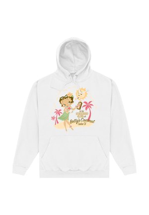 Biała bluza z kapturem z rysunkowym wzorem z tropikalnymi elementami, w tym dziewczyna w zielonym stroju oraz palmy, a także tekst o kremie przeciwsłonecznym.