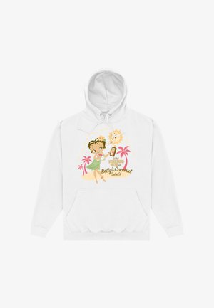 Biała bluza z kapturem z rysunkowym wzorem z tropikalnymi elementami, w tym dziewczyna w zielonym stroju oraz palmy, a także tekst o kremie przeciwsłonecznym.
