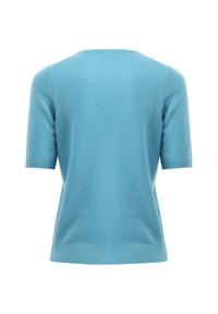 Kurzärmeliger, hellblauer Pullover mit Rundhalsausschnitt und geripptem Saum. Hergestellt aus weichem Material mit glatter Textur. Keine sichtbaren Muster.