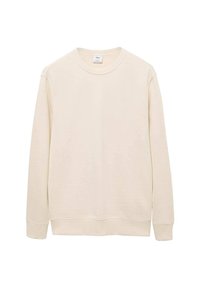 Kremowa bluza z długim rękawem i okrągłym dekoltem, z prążkowanymi mankietami i dołem, prezentowana na jednolitym białym tle.