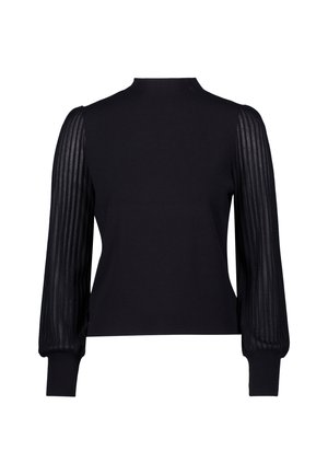 Black sweater featuring solid knit body and sheer, pleated long sleeves. High neckline and fitted cuffs complete the design.