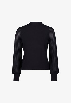 Sort sweater med solid strik og sheer, plisserede lange ærmer. Høj halsudskæring og tætsiddende manchetter fuldender designet.