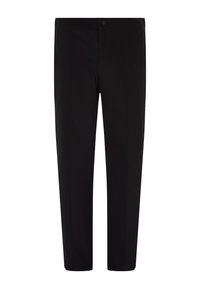 Pantaloni neri con taglio dritto, chiusura con bottone e senza motivi visibili. Il tessuto appare liscio con una finitura elegante.