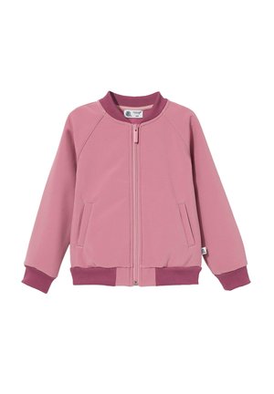 Lekko różowa dziecięca kurtka bomber z przednim zamkiem błyskawicznym, prążkowanym kołnierzem, mankietami, pasem i dwoma bocznymi kieszeniami.