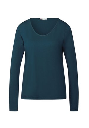 Langärmliges Shirt in dunklem Türkis, mit rundem Ausschnitt und einem glatten, leichten Stoff. Einfaches Design ohne Muster oder Akzente.