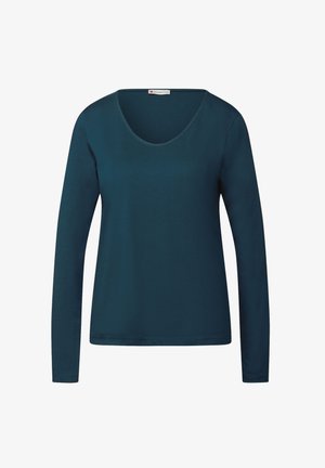 Langärmliges Shirt in dunklem Türkis, mit rundem Ausschnitt und einem glatten, leichten Stoff. Einfaches Design ohne Muster oder Akzente.