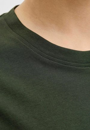 Dark green cotton T-shirt featuring a round neck with ribbed trim and smooth texture. No visible patterns or embellishments.