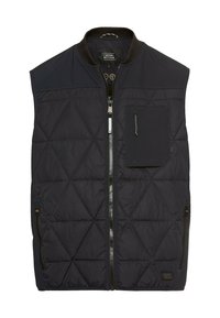 Schwarze gepolsterte Weste mit Rautenmuster, Reißverschluss vorne, seitlichen Taschen und einer kleinen Brusttasche. Verfügt über einen hohen Kragen und Kontrastgewebeakzente.