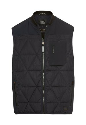 Black padded vest with diamond quilted pattern, zip front, side pockets, and a small chest pocket. Features a high collar and contrast fabric accents.