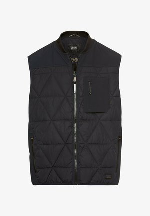 Schwarze gepolsterte Weste mit Rautenmuster, Reißverschluss vorne, seitlichen Taschen und einer kleinen Brusttasche. Verfügt über einen hohen Kragen und Kontrastgewebeakzente.