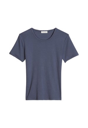Marineblauw geribd T-shirt met korte mouwen, ronde hals en label binnenin de kraag, tegen een effen witte achtergrond.