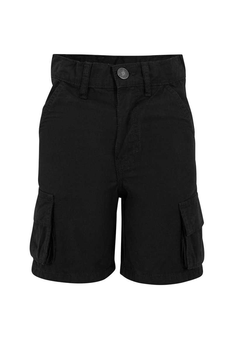 Svarte cargo shorts med flat midje, knappelukking og to sidelommer. Laget av slitesterkt stoff, designet for nytte og komfort.