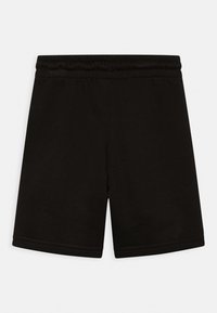 Schwarze Baumwollshorts mit elastischem Bund, glatter Textur, knielangem Schnitt und schlichtem Design, ohne Muster oder Verzierungen.
