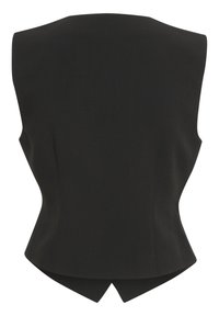 Svart ärmlös topp med en vinklad design, som har en figursydd midja som vidgar sig i botten, samt en synlig delning baktill.