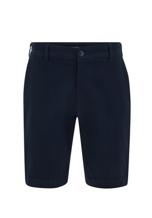 Tumesinised meeste kohandatud lühikesed püksid koos vööaasade, nööpimise ja tekstureeritud kangaga, valgel taustal.