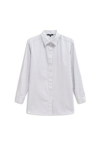 Long-sleeve, button-up shirt with vertical blue and white stripes, featuring a classic collar and a relaxed fit.