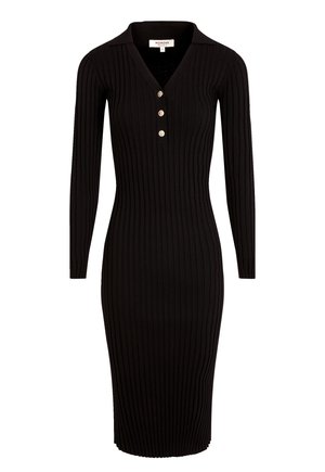 Schwarzes, geripptes Strickkleid mit V-Ausschnitt, langen Ärmeln und dreiknöpfiger Blende am Halsauschnitt, taillierte Silhouette, knielanges Design.