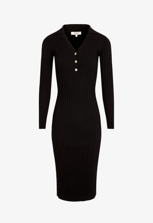 Schwarzes, geripptes Strickkleid mit V-Ausschnitt, langen Ärmeln und dreiknöpfiger Blende am Halsauschnitt, taillierte Silhouette, knielanges Design.