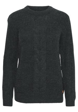 Tumma harmaa neule villapaita, jossa on teksturoitu kuosi, pyöreä pääntie ja resorit; pieni logo-ominaisuus alareunassa.