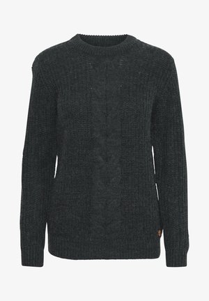 Tamsiai pilkas megztinis su tekstūruotu raštu, apvaliu iškirpimu ir audinėmis rankovėmis; mažas logotipo detalė apatinėje pusėje.