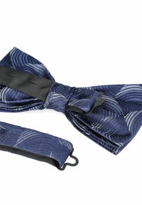 Granatowy muszka z wirującymi białymi wzorami i czarną satynową wstążką. Zawiera regulowany pasek z zapięciem na haczyk dla bezpiecznego mocowania.