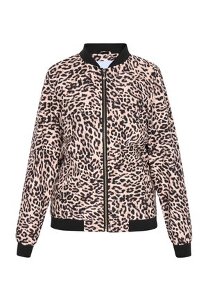 Giacca bomber in stampa leopardata in tessuto morbido, con collo e polsini a costine neri, chiusura frontale con zip e tasche laterali.