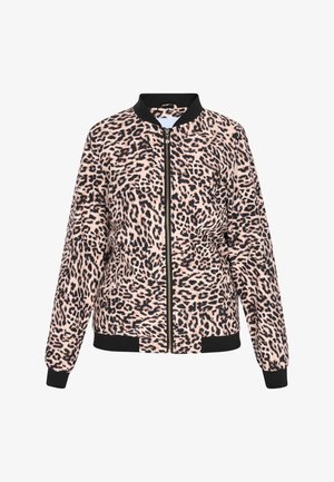 Bomberjakke med leopardmønster i blødt stof, der har en sort ribbet krave og manchetter, med en lynlås foran og sidelommer.