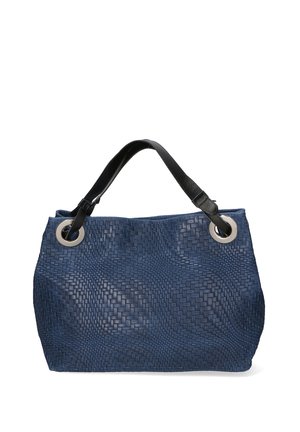 Borsa a tracolla in pelle intrecciata di colore blu navy con un evidente motivo testurizzato, caratterizzata da occhielli sovradimensionati in tono argento e manici in pelle nera.