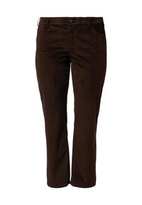 Pantalon droit en velours côtelé marron avec poches avant, passants pour ceinture et fermeture par bouton à la taille.